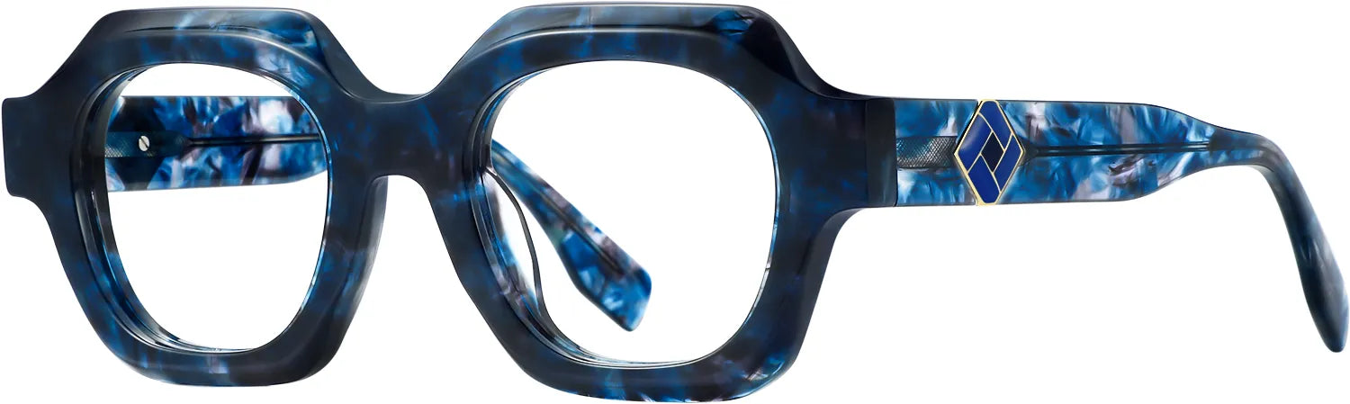 Amandla geometric optical frame in blue tortoise — three-quarter view