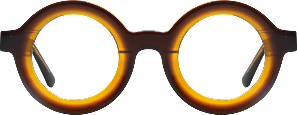 AMBÉRÉE front view — amber tortoiseshell round frames by J FRED LUXE