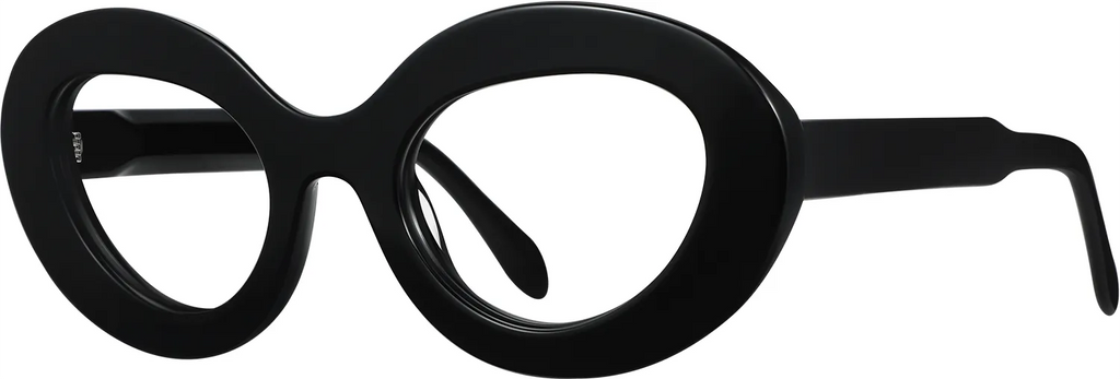 Obsidian oversized geometric optical frame in gloss black acetate — three-quarter view
