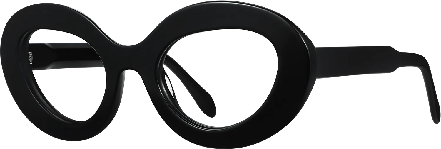Obsidian oversized geometric optical frame in gloss black acetate — three-quarter view