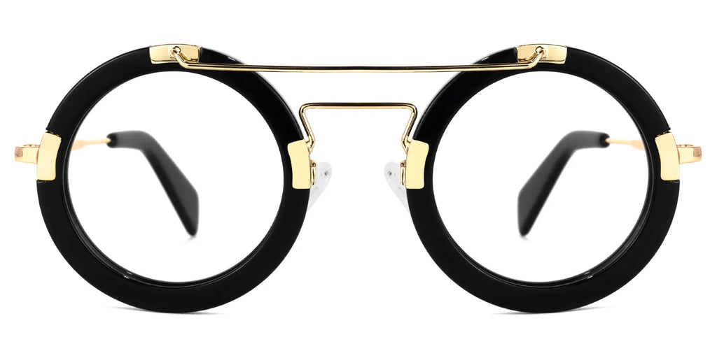 Tusk Royale black round frames with gold double-bridge detailing by J Fred Luxe