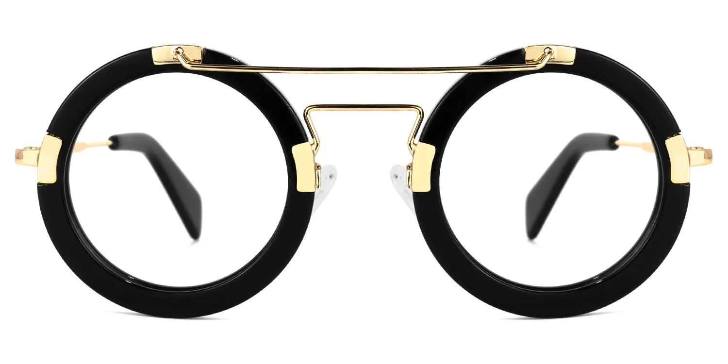 Tusk Royale black round frames with gold double-bridge detailing by J Fred Luxe
