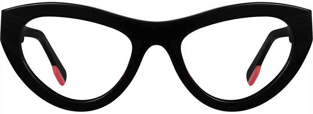 Thandeka cat-eye optical frame in black acetate with red tips — front view