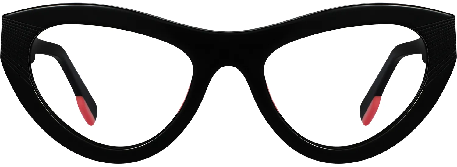 Thandeka cat-eye optical frame in black acetate with red tips — front view