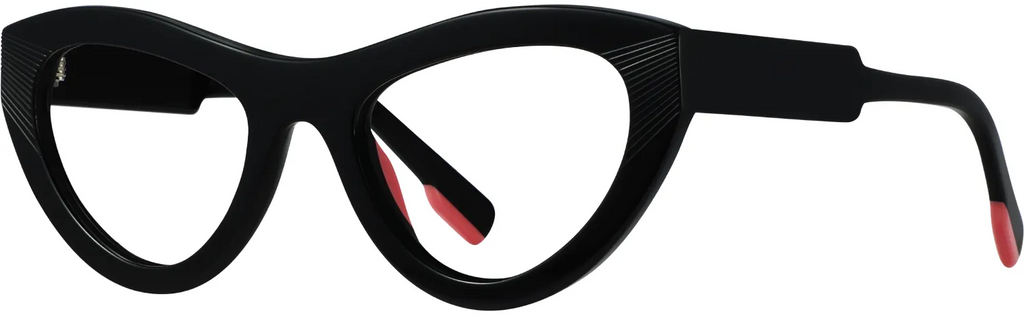 Thandeka cat-eye optical frame in black acetate with red tips — three-quarter view