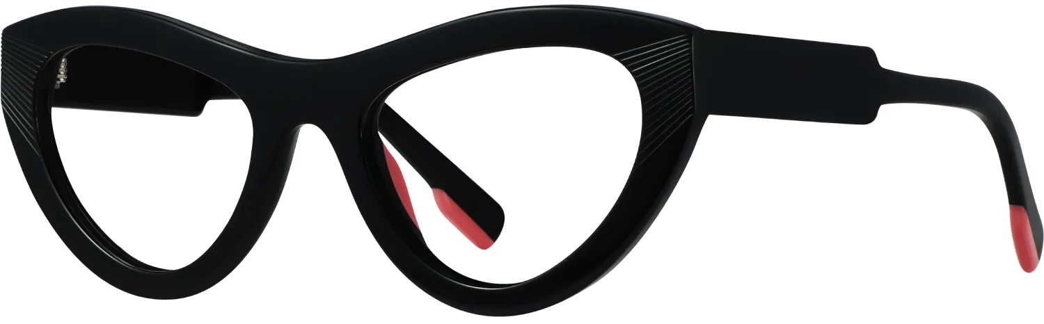 Thandeka cat-eye optical frame in black acetate with red tips — three-quarter view