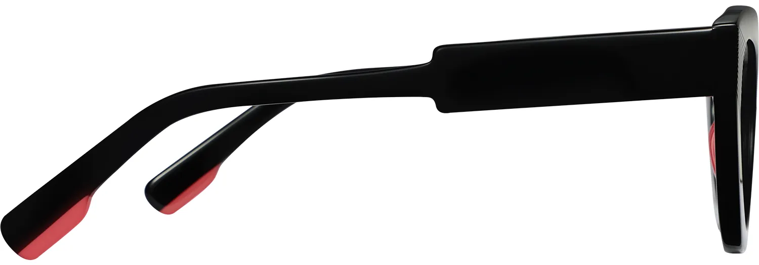 Thandeka cat-eye optical frame in black acetate with red tips — temple side view