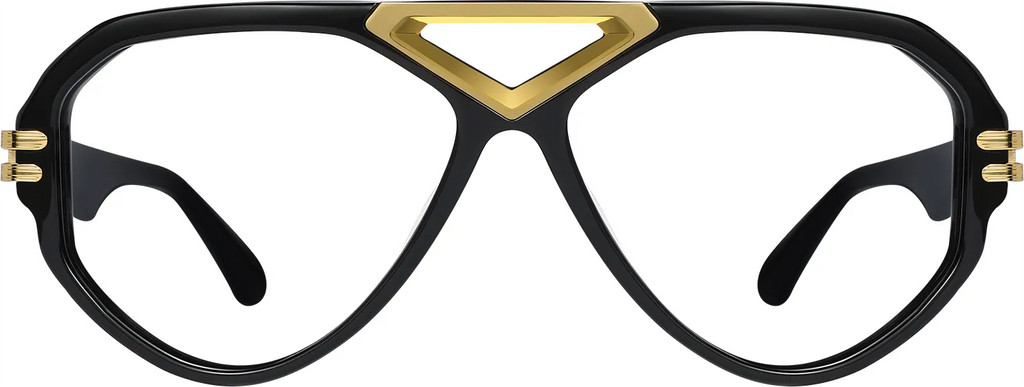 APEX aviator frames front view — black acetate with gold brow bar