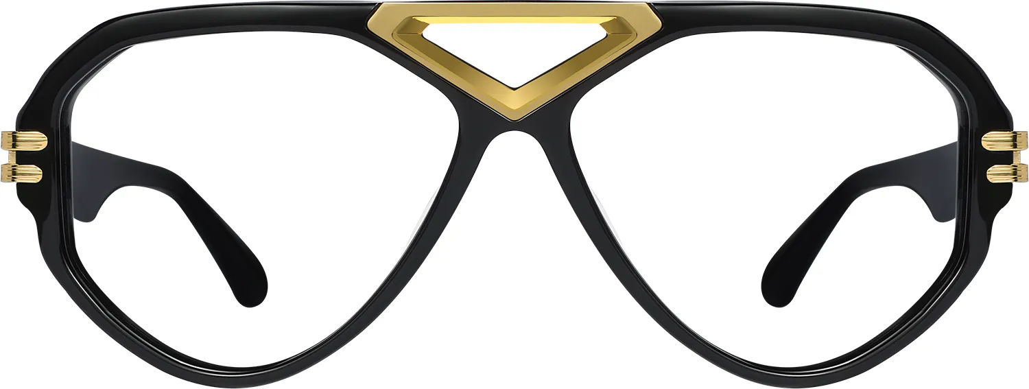 APEX aviator frames front view — black acetate with gold brow bar
