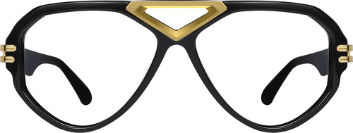APEX aviator frames front view — black acetate with gold brow bar
