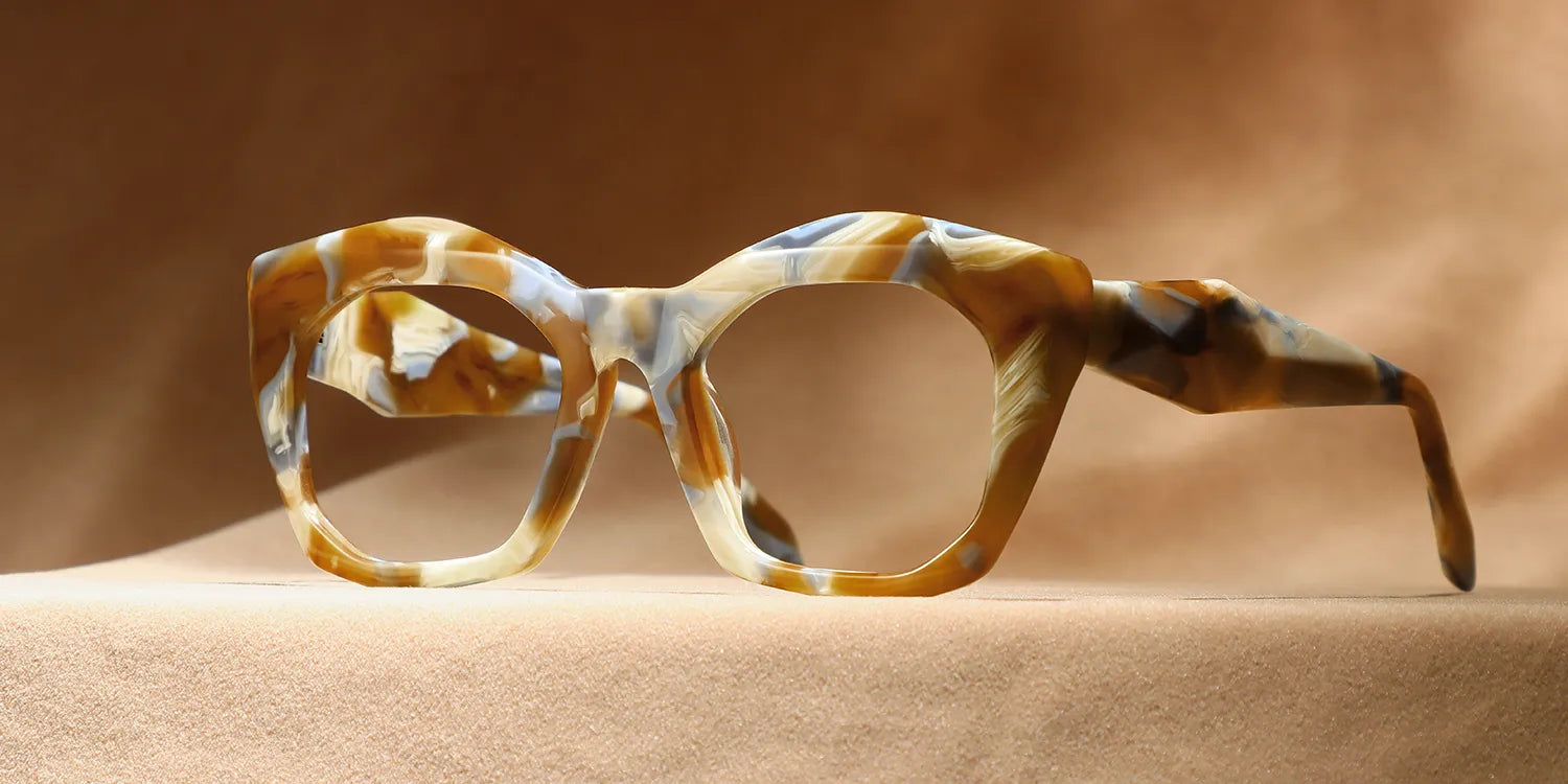 Zuurberg geometric optical frame in warm marble multi-colour acetate — three-quarter view