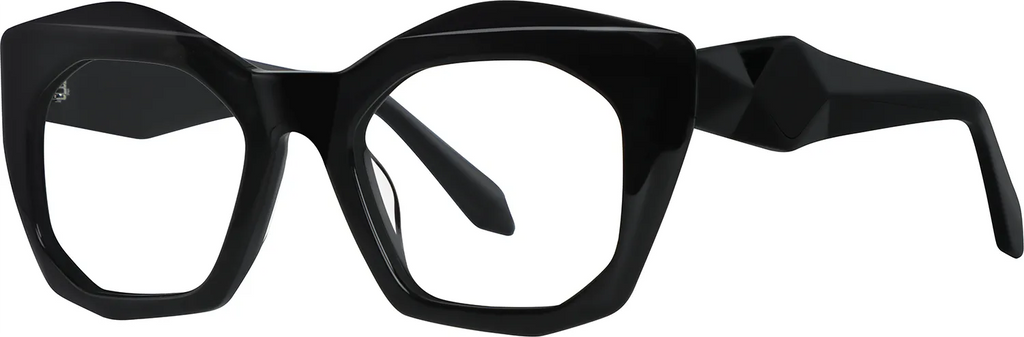 Zuurberg geometric optical frame in glossy black acetate — three-quarter view showing diamond temple detail