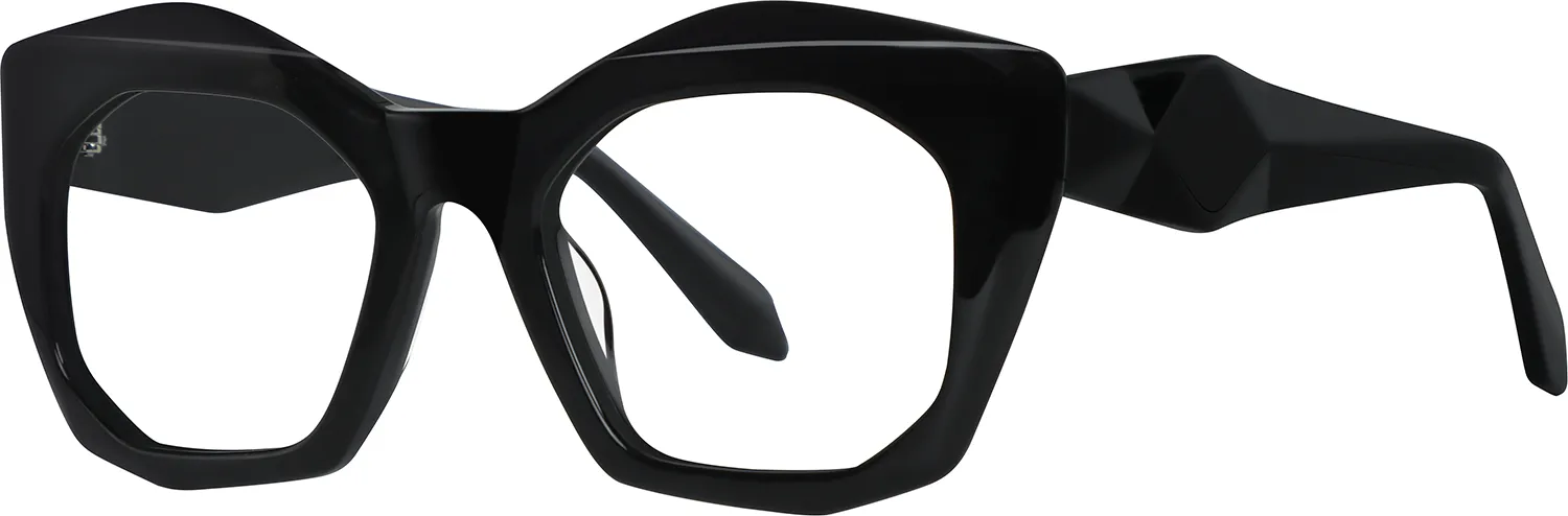 Zuurberg geometric optical frame in glossy black acetate — three-quarter view showing diamond temple detail