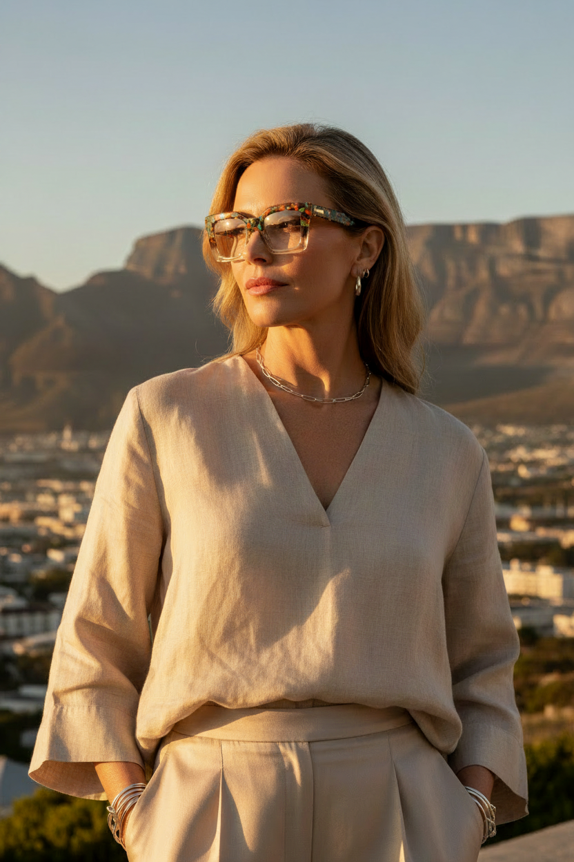 Woman wearing Citrus Majesty frames in Cape Town with Table Mountain backdrop