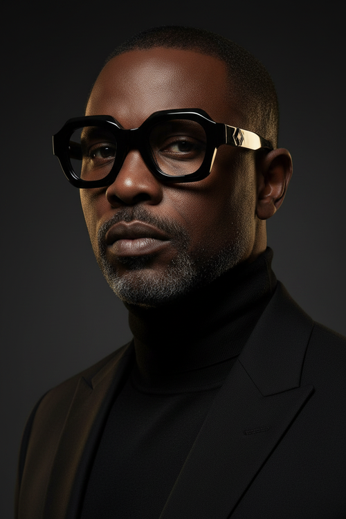 Amandla geometric optical frame — J FRED LUXE editorial hero shot