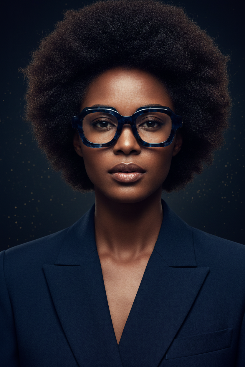Amandla blue tortoise geometric optical frame — J FRED LUXE editorial hero shot