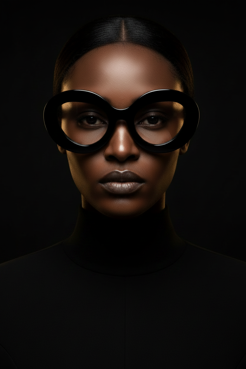 Obsidian oversized geometric optical frame — J FRED LUXE editorial hero shot