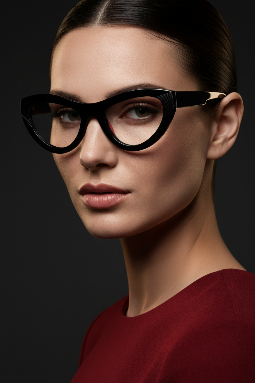 Thandeka cat-eye optical frame — J FRED LUXE editorial hero close-up shot